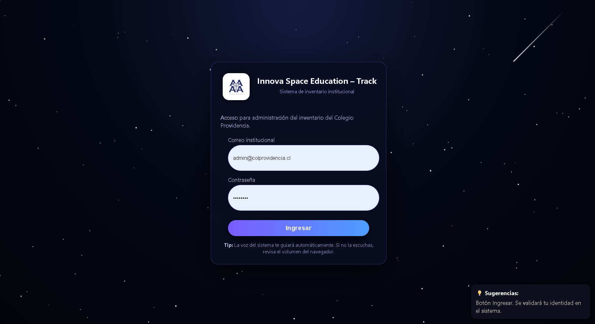 Panel principal de Innova Space Track con vista general de salas y laboratorios.