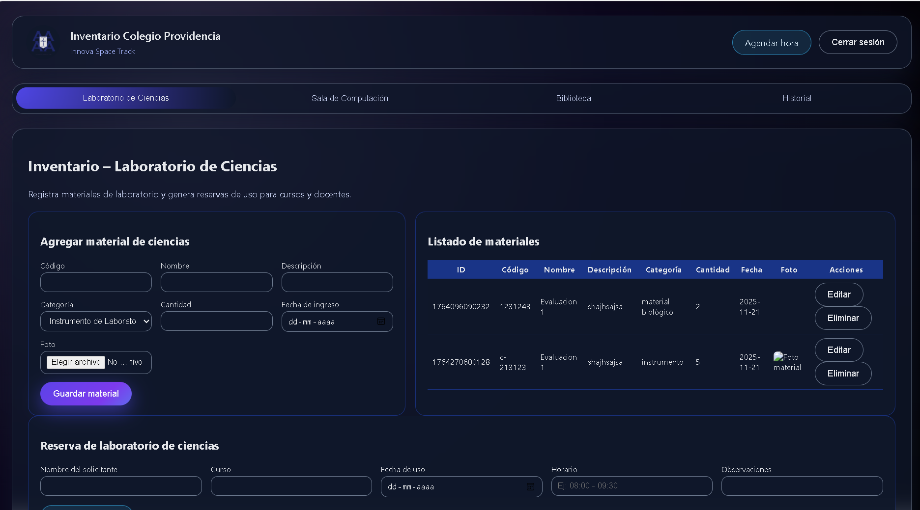 Registro de préstamos y devoluciones con detalle de estudiantes y fechas.