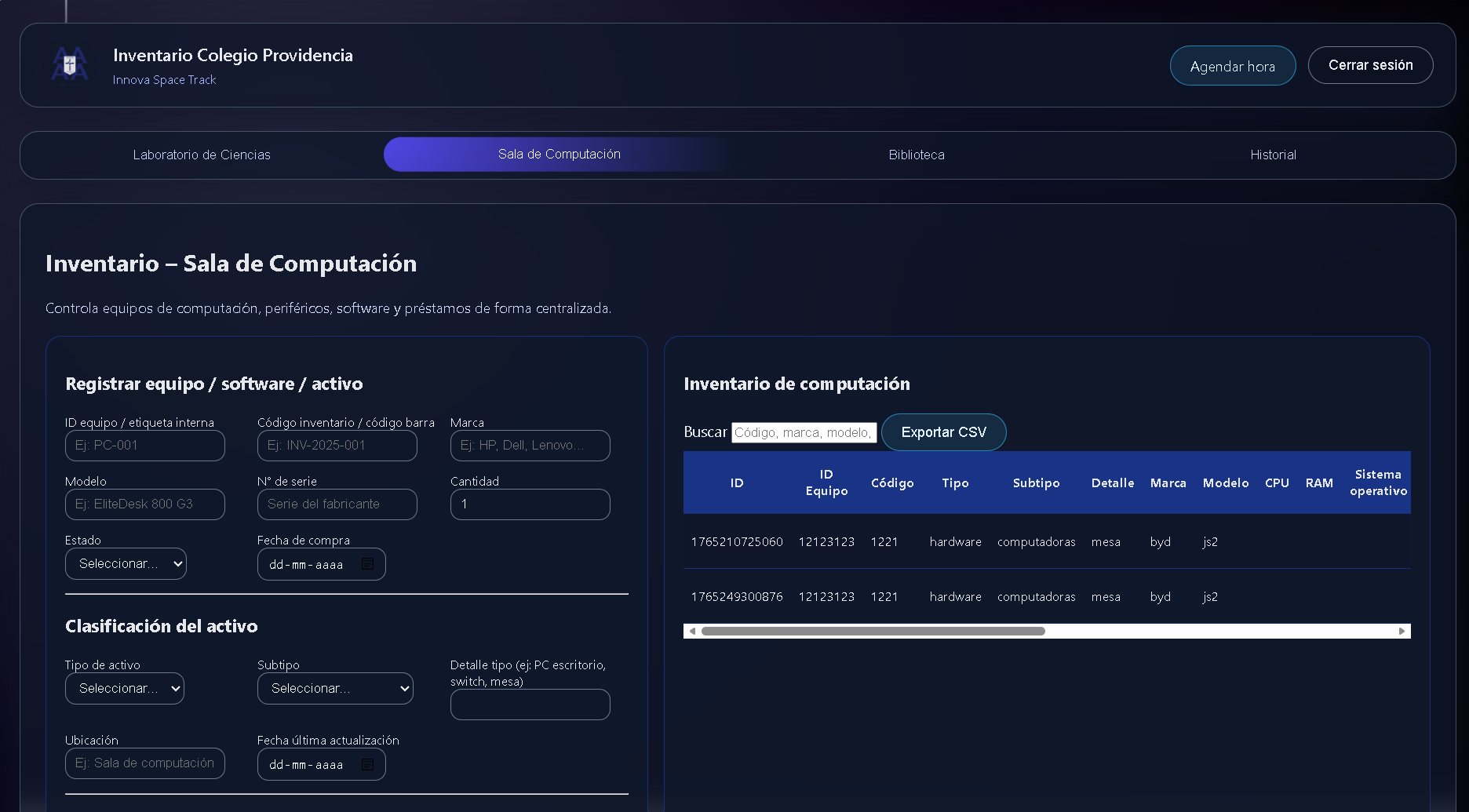 Formulario de ingreso de materiales y actualización de inventario.