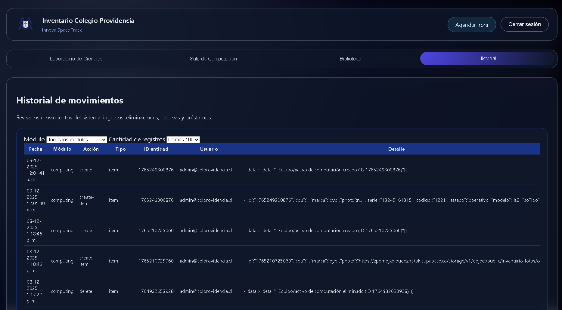 Panel administrativo con resumen de movimientos y observaciones.